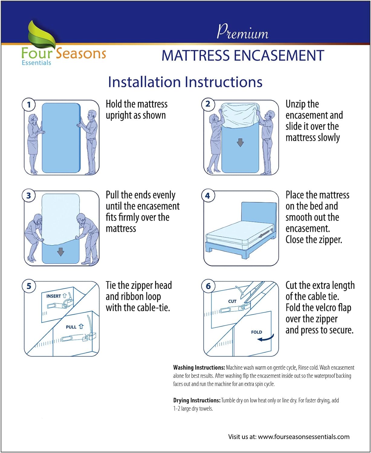 Four Seasons Essentials Queen Mattress Protector - Zippered Bedbug Waterproof Mattress Cover, Premium Quality Hypoallergenic Bed Encasement White9