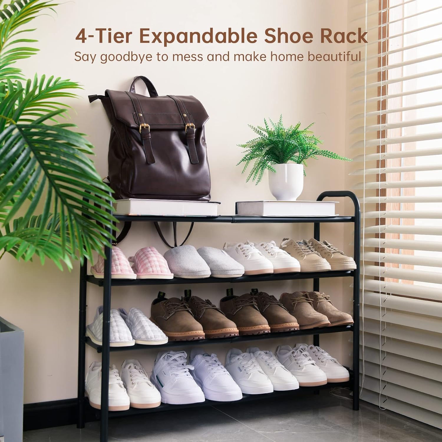 Gonfoam 4-Tier Expandable Shoe Rack,Adjustable Shoe Shelf Storage Organizer Heavy Duty Metal Free Standing Shoe Rack for Entryway Closet Doorway (Black)1