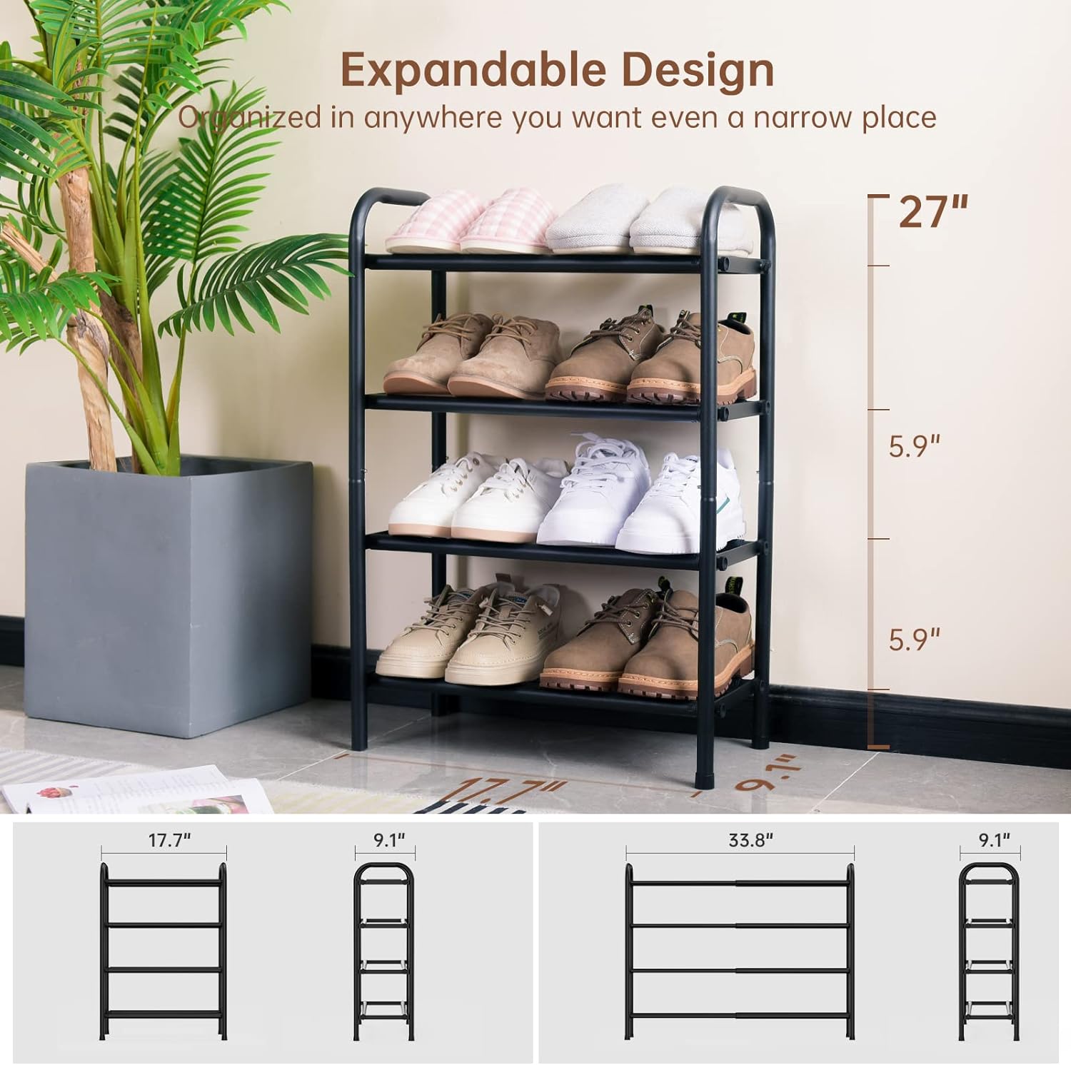 Gonfoam 4-Tier Expandable Shoe Rack,Adjustable Shoe Shelf Storage Organizer Heavy Duty Metal Free Standing Shoe Rack for Entryway Closet Doorway (Black)4