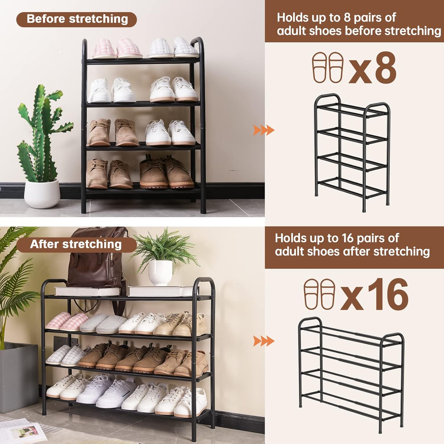 Gonfoam 4-Tier Expandable Shoe Rack,Adjustable Shoe Shelf Storage Organizer Heavy Duty Metal Free Standing Shoe Rack for Entryway Closet Doorway (Black)8