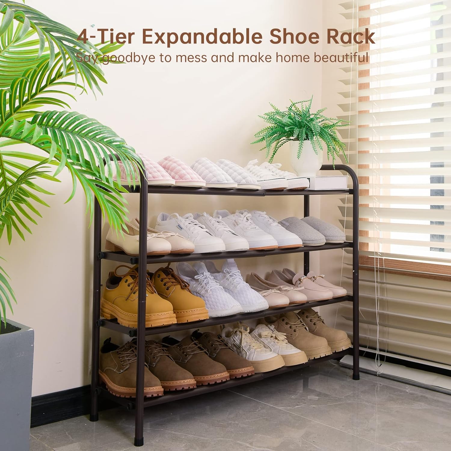 Gonfoam 4-Tier Expandable Shoe Rack,Adjustable Shoe Shelf Storage Organizer Heavy Duty Metal Free Standing Shoe Rack for Entryway Closet Doorway (Bronze)1
