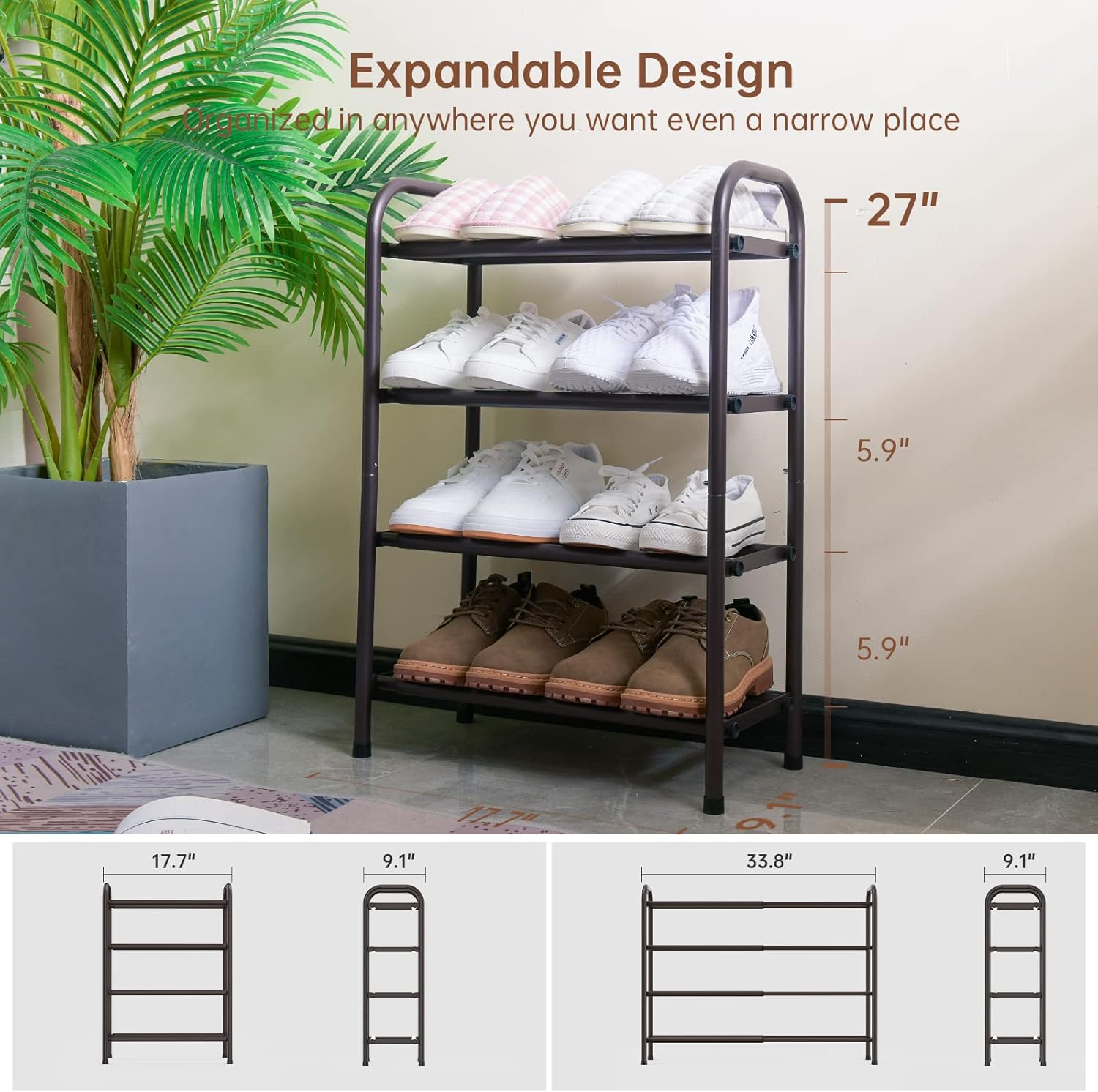 Gonfoam 4-Tier Expandable Shoe Rack,Adjustable Shoe Shelf Storage Organizer Heavy Duty Metal Free Standing Shoe Rack for Entryway Closet Doorway (Bronze)5