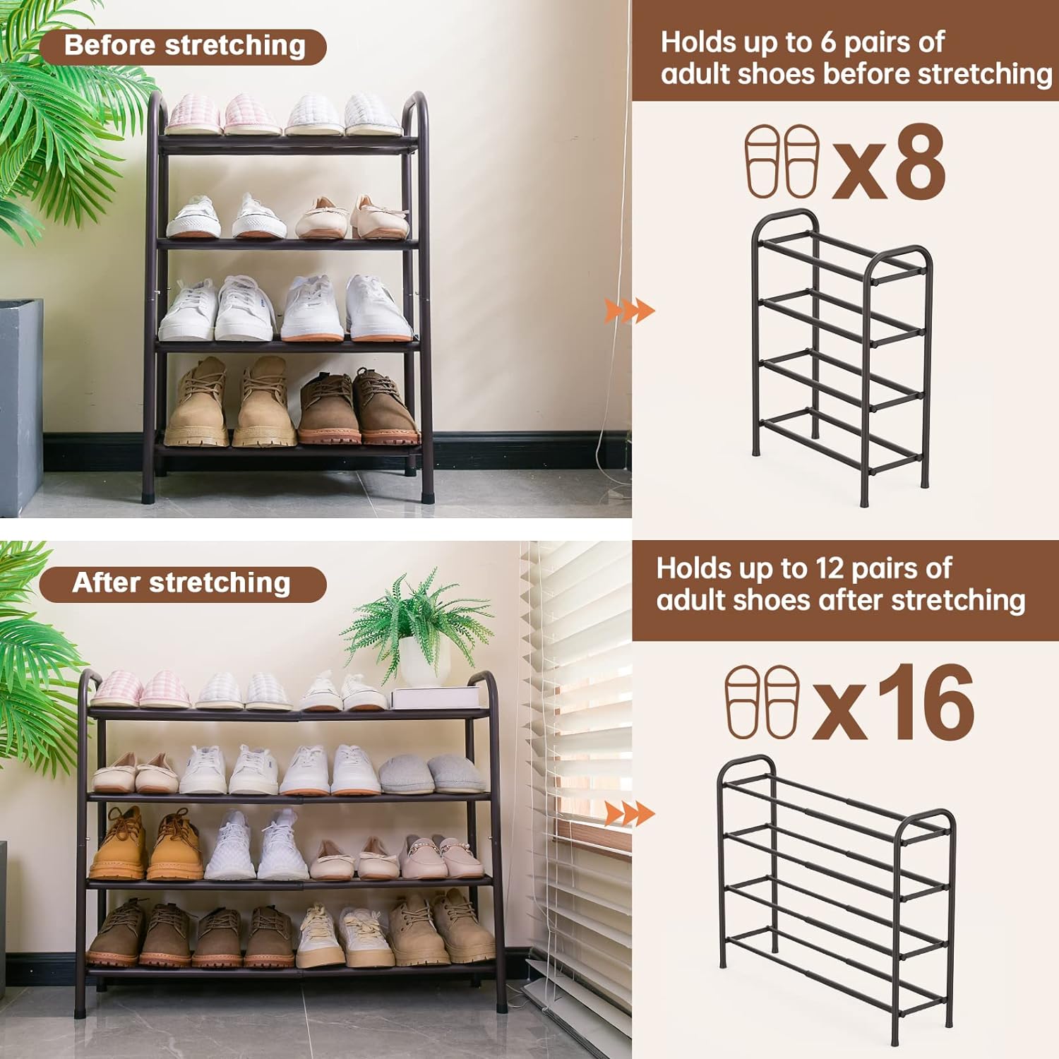 Gonfoam 4-Tier Expandable Shoe Rack,Adjustable Shoe Shelf Storage Organizer Heavy Duty Metal Free Standing Shoe Rack for Entryway Closet Doorway (Bronze)9