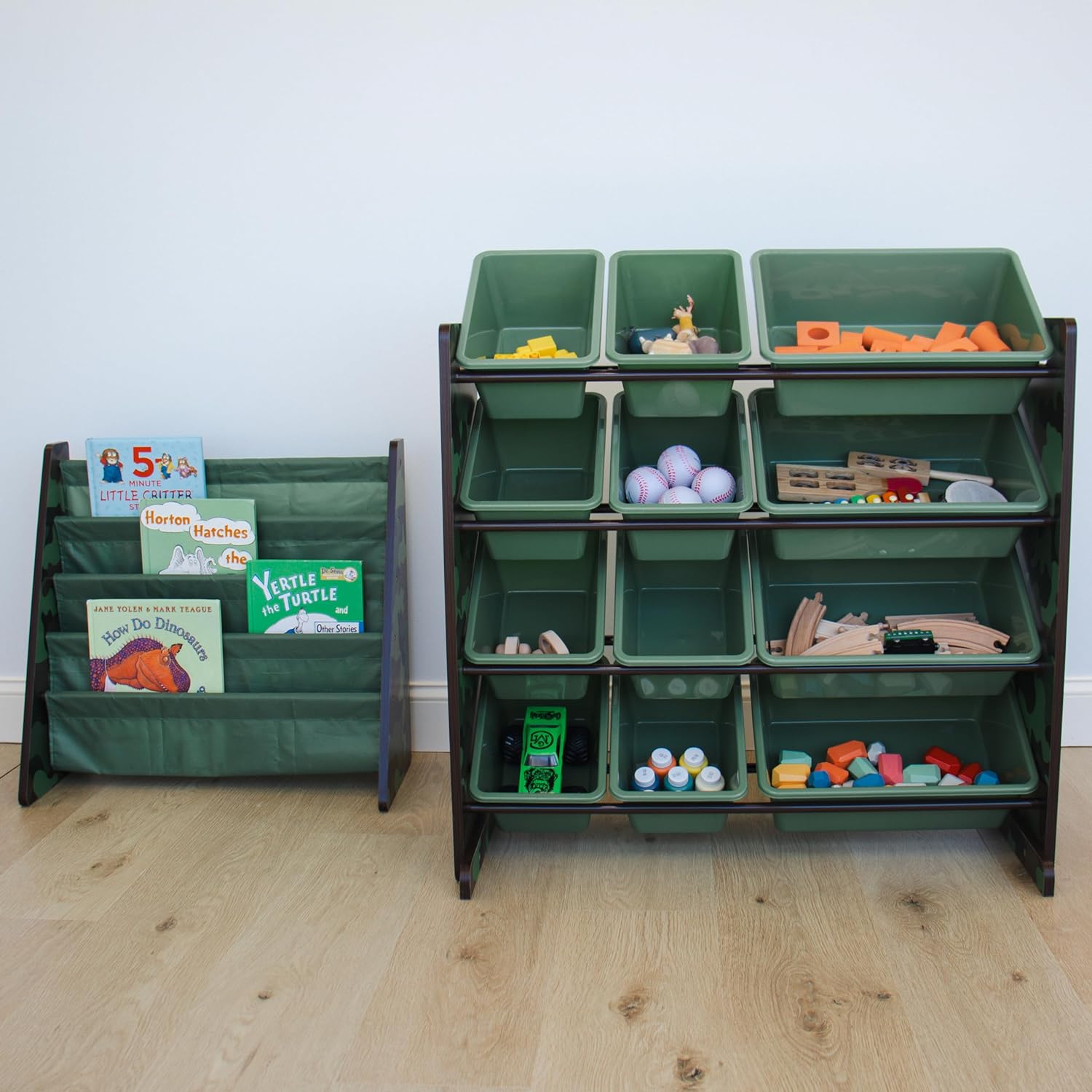 Humble Crew, Army Green Camo Hunter Toy Organizer with 12 Plastic Storage Bins3