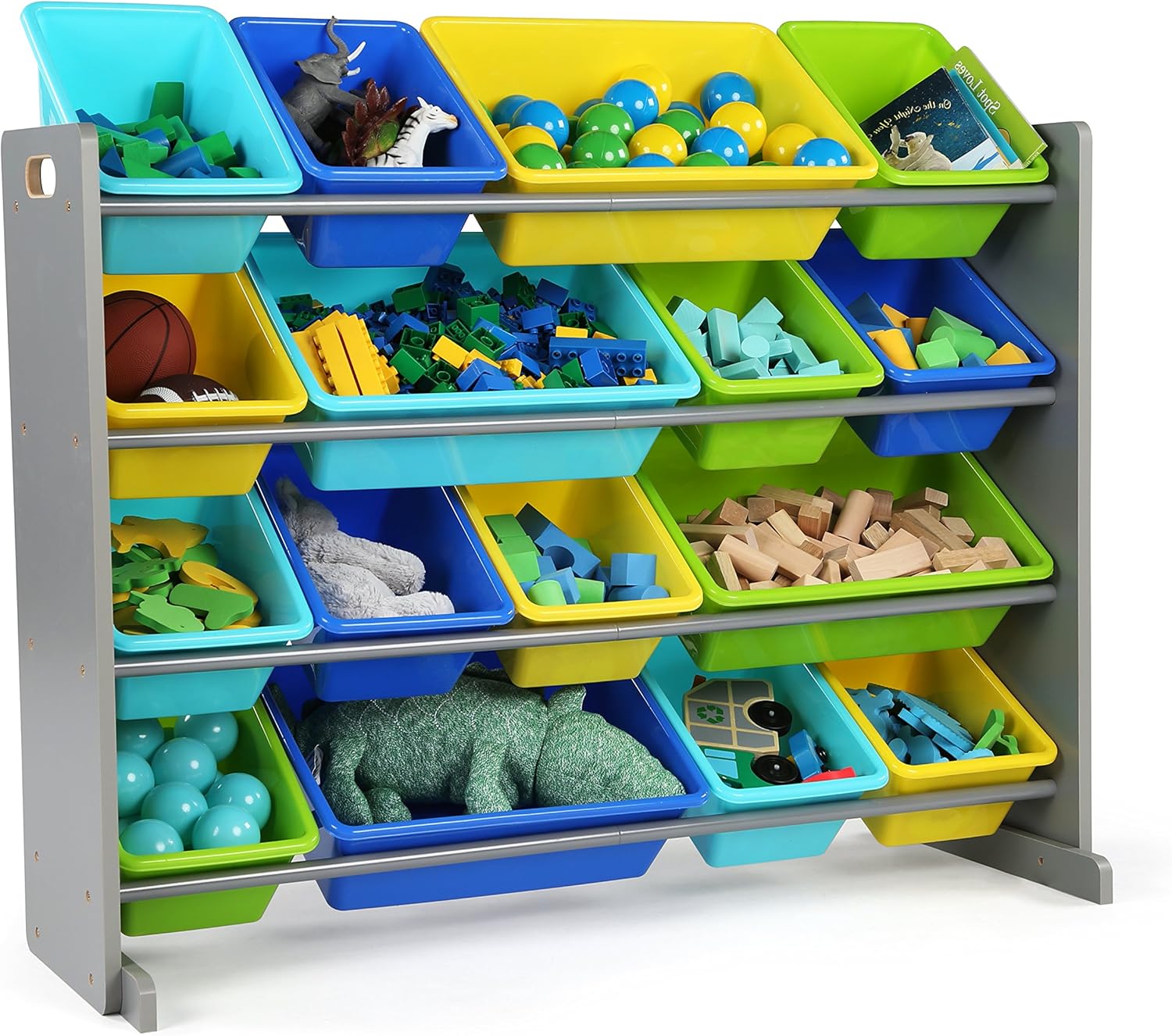 Humble Crew Extra-Large Toy Organizer, 16 Storage Bins, Grey Blue Green Yellow,15.5 D x 42 W x 35 H1