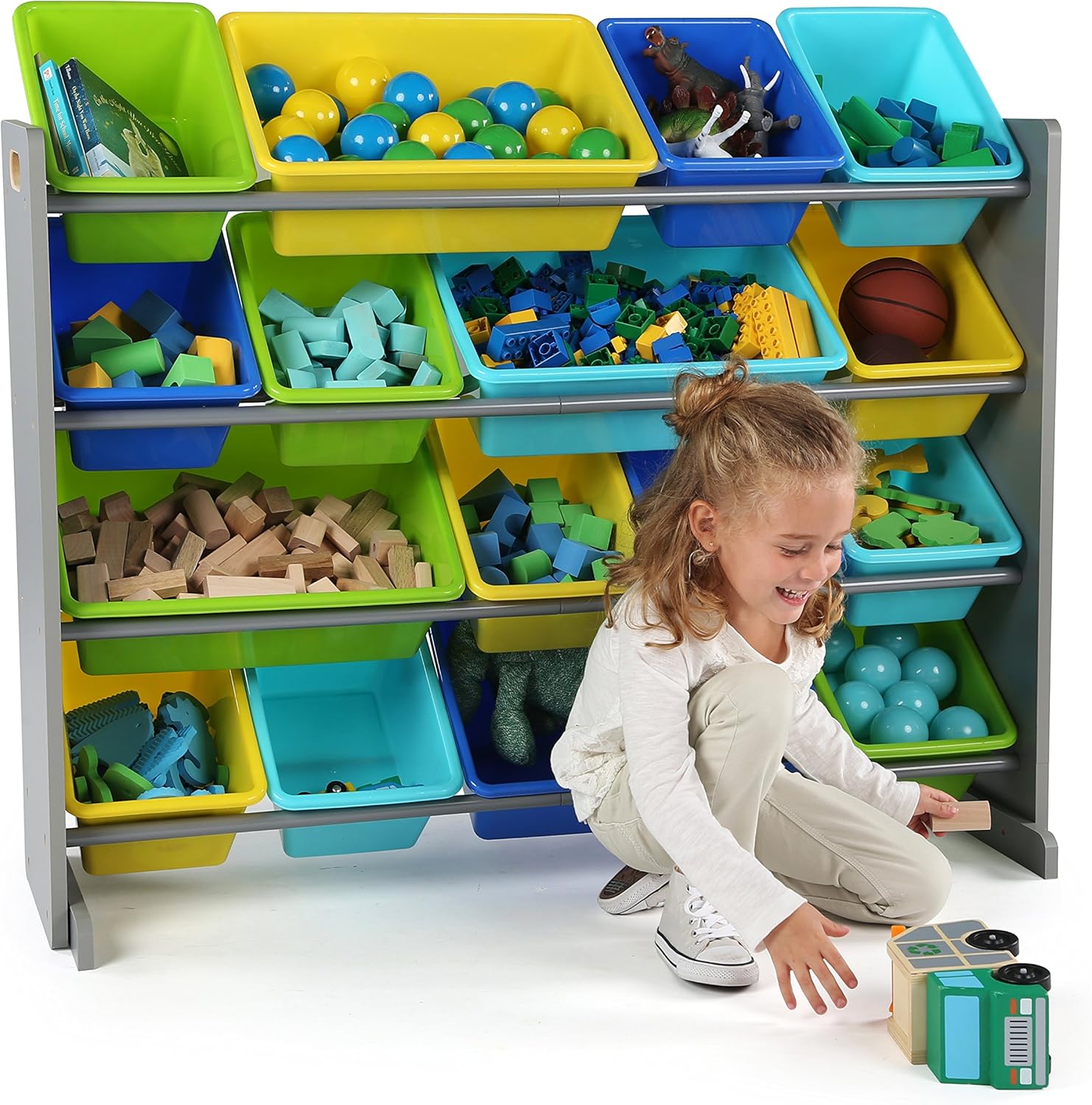 Humble Crew Extra-Large Toy Organizer, 16 Storage Bins, Grey Blue Green Yellow,15.5 D x 42 W x 35 H11