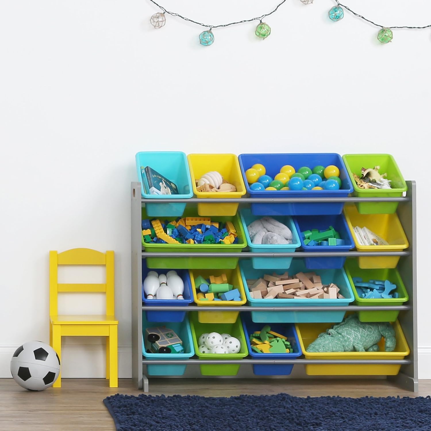 Humble Crew Extra-Large Toy Organizer, 16 Storage Bins, Grey Blue Green Yellow,15.5 D x 42 W x 35 H3
