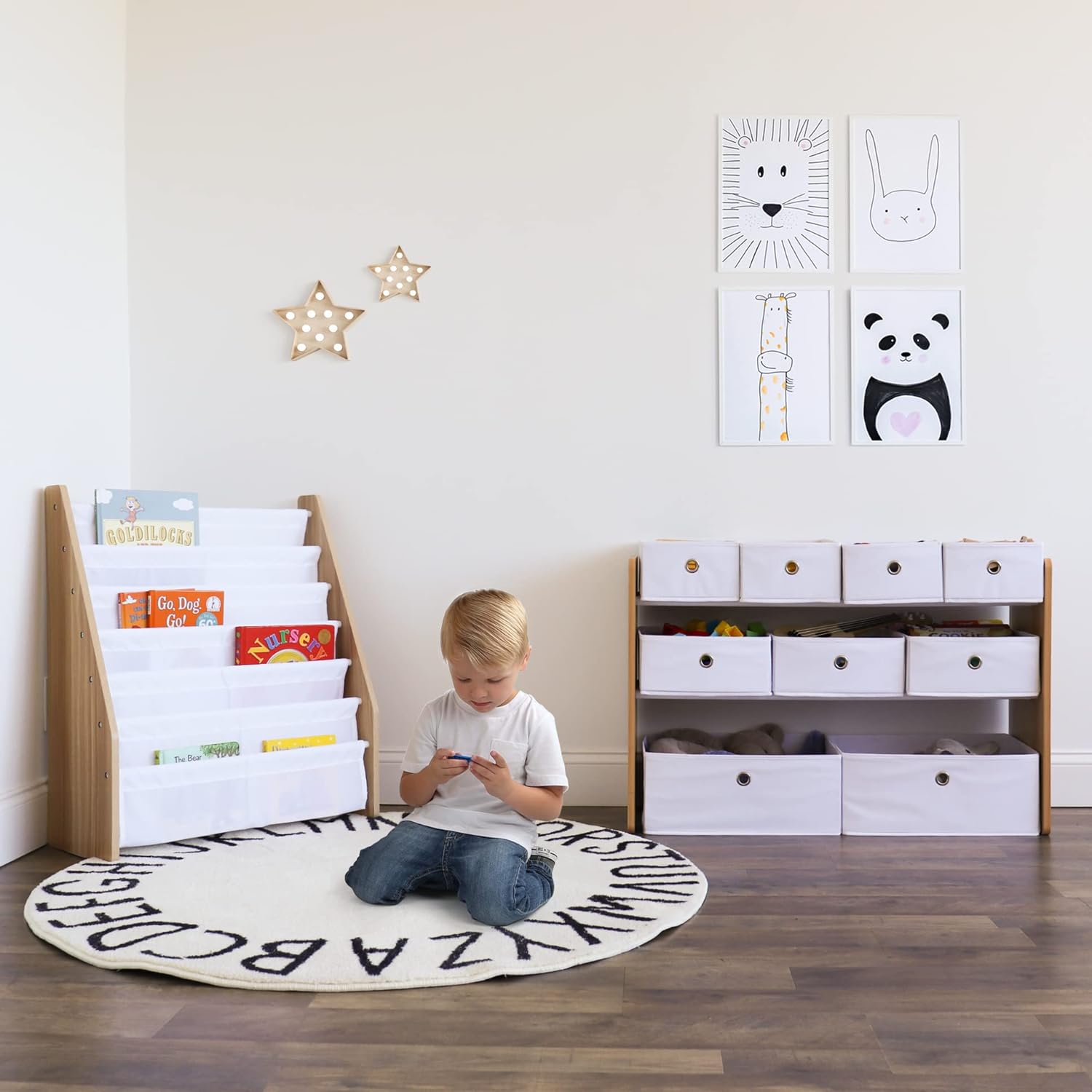 Humble Crew Kids Toy Organizer with 9 Collapsible Fabric Storage, Natural Wood and White Bins3