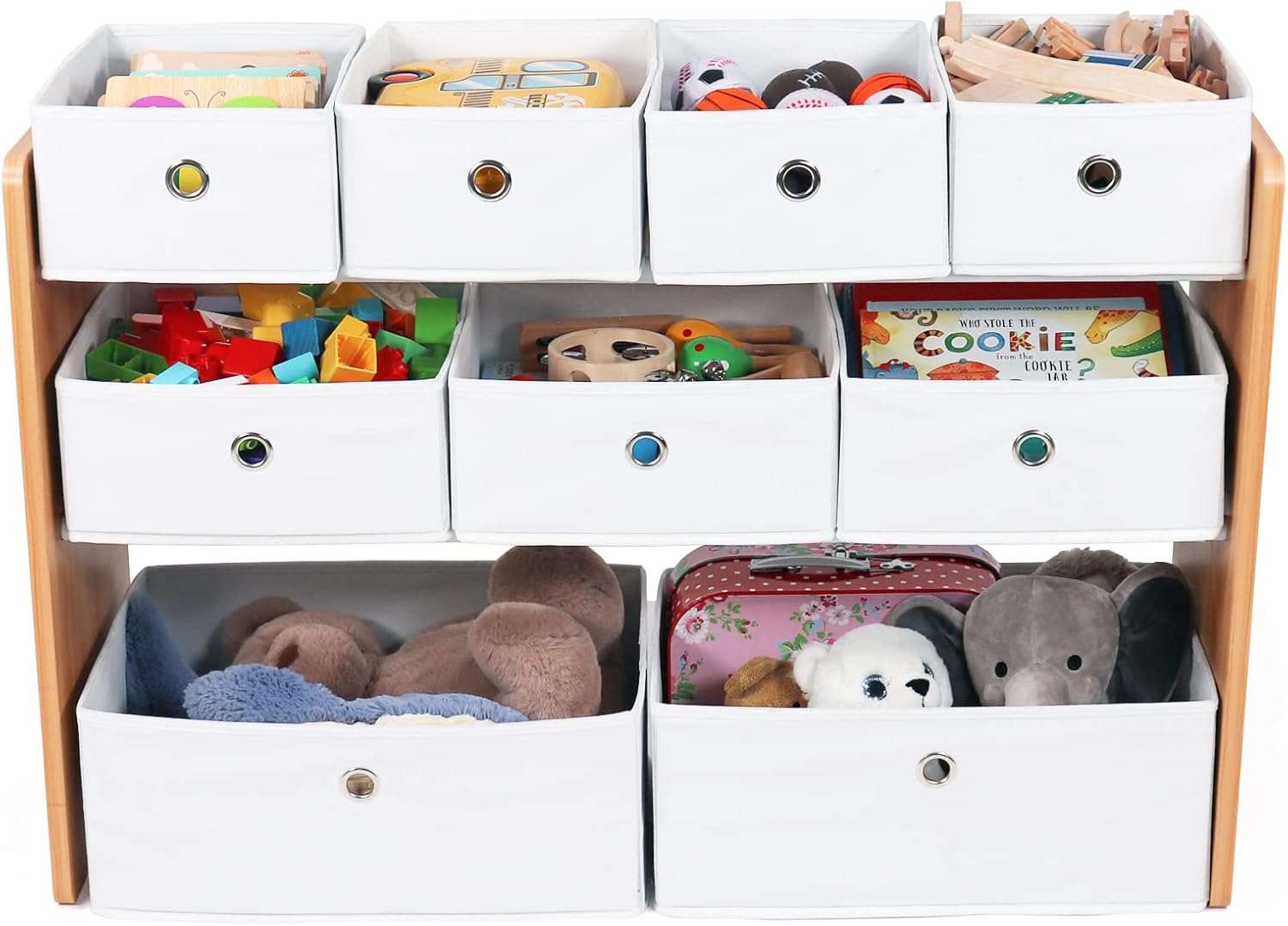 Humble Crew Kids Toy Organizer with 9 Collapsible Fabric Storage, Natural Wood and White Bins6