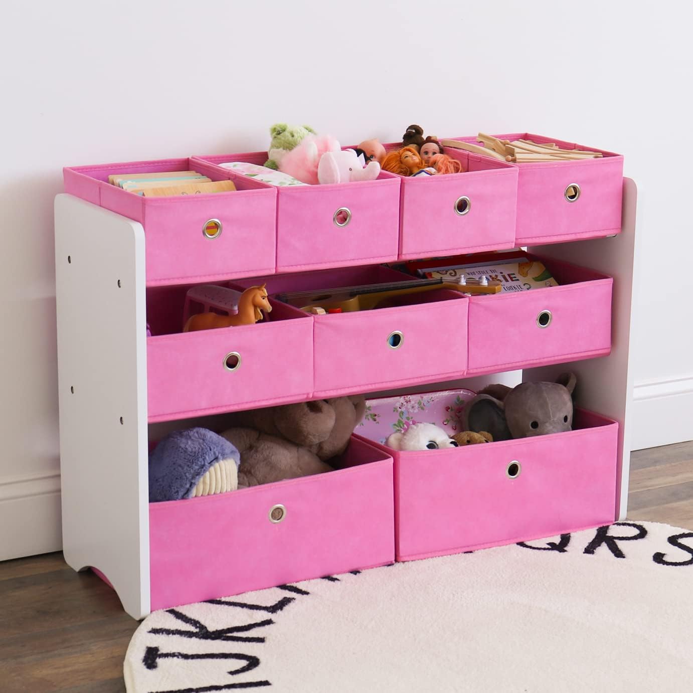 Humble Crew Kids Toy Organizer with 9 Collapsible Fabric Storage, White Wood and Pink Bins1