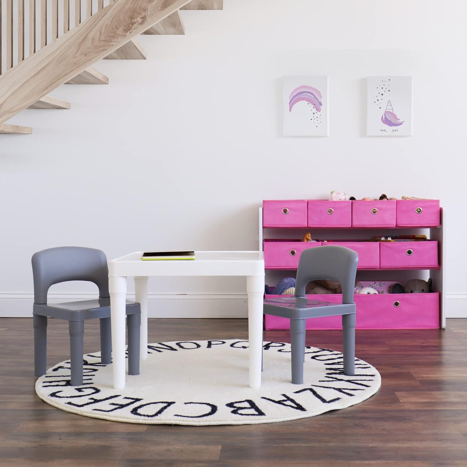 Humble Crew Kids Toy Organizer with 9 Collapsible Fabric Storage, White Wood and Pink Bins3