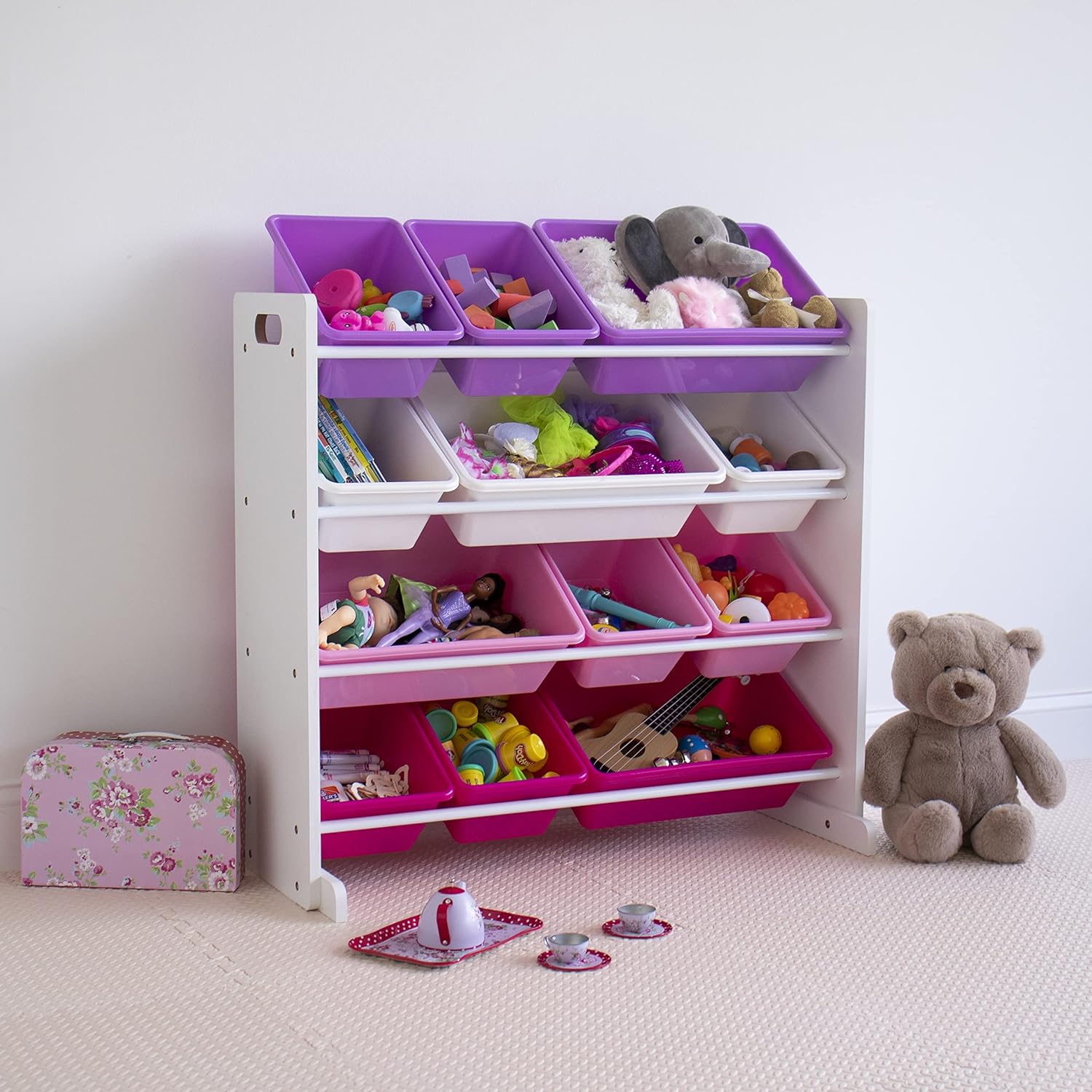 Humble Crew Kids' Toy Storage Organizer with 12 Plastic Bins, Pink&Purple, White Purple Pink1