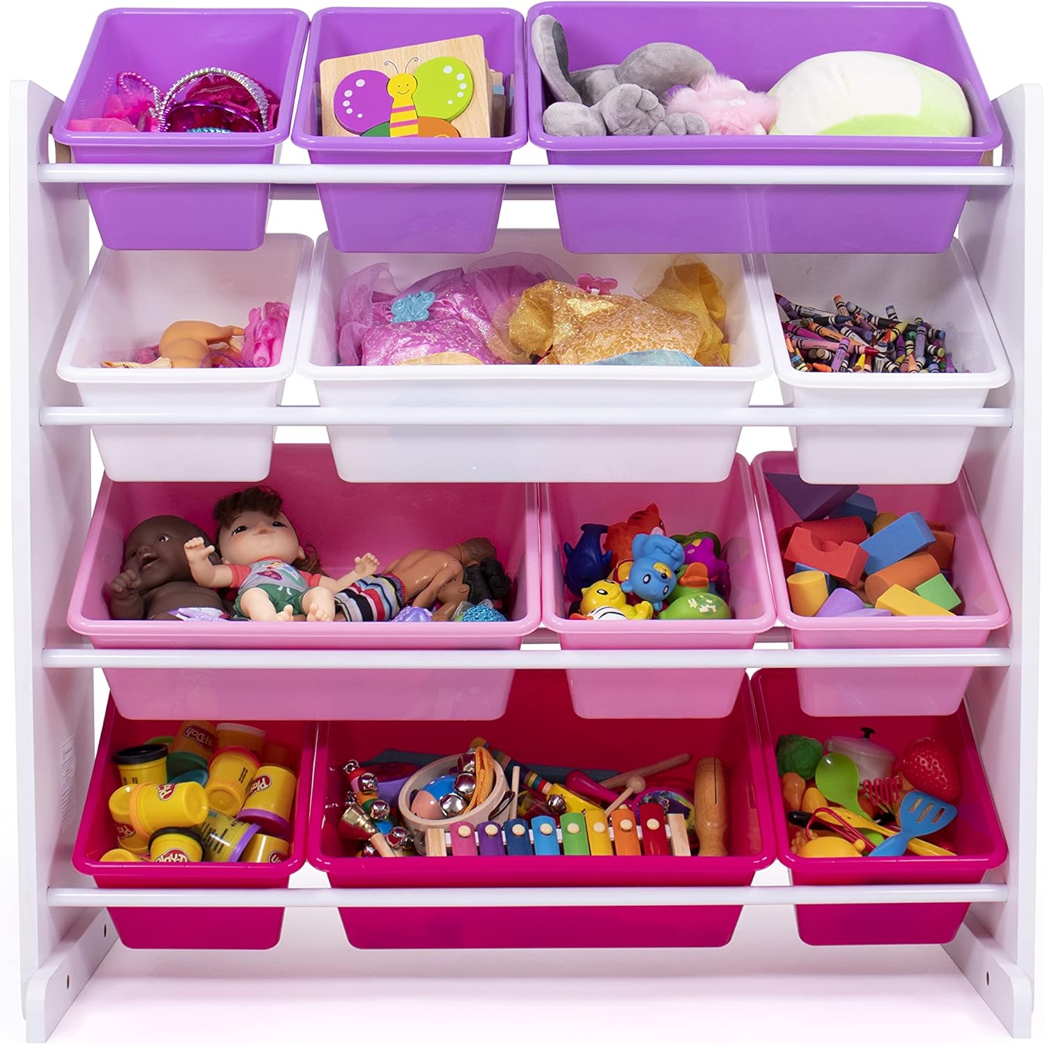 Humble Crew Kids' Toy Storage Organizer with 12 Plastic Bins, Pink&Purple, White Purple Pink2