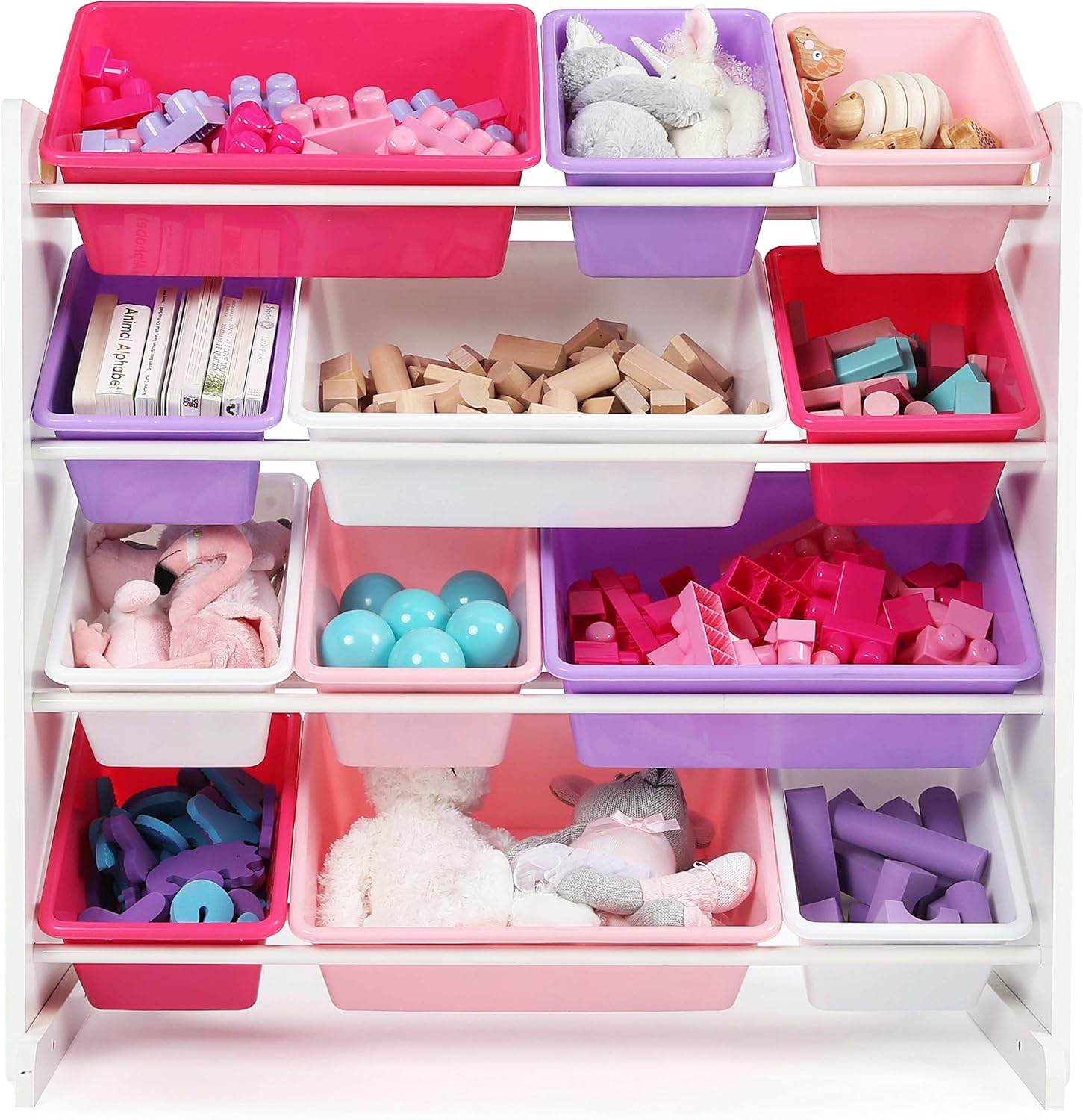 Humble Crew Kids' Toy Storage Organizer with 12 Plastic Bins, Pink&Purple, White Purple Pink8