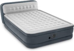 INTEX 64447ED Dura-Beam Deluxe Ultra Plush Air Mattress with Headboard: Fiber-Tech – Queen Size – Built-in Electric Pump – 18in Bed Height – 600lb Weight Capacity