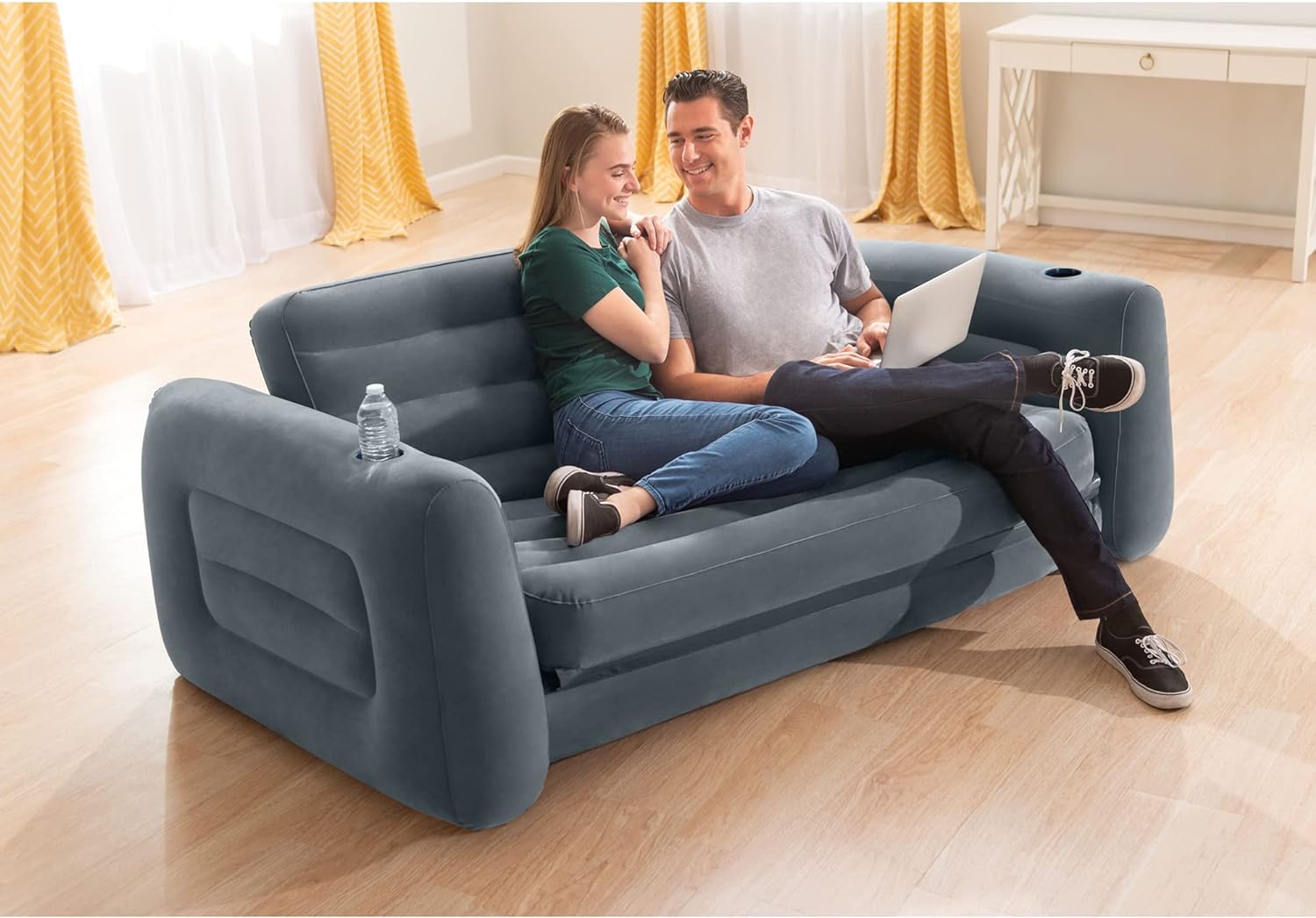 Intex 66552EP Inflatable Pull-Out Sofa Built-in Cupholder – Velvety Surface – 2-in-1 Valve – Folds Compactly – 46 x 88 x 261