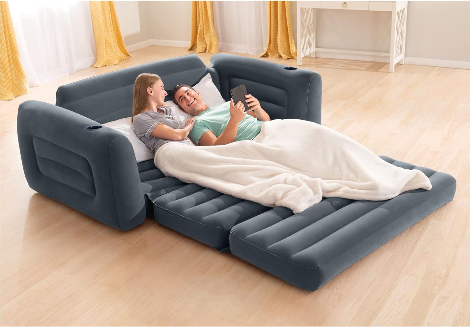 Intex 66552EP Inflatable Pull-Out Sofa Built-in Cupholder – Velvety Surface – 2-in-1 Valve – Folds Compactly – 46 x 88 x 2690