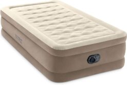 Intex Dura-Beam Deluxe Ultra Plush Air Mattress: Fiber-Tech – Built-in Electric Pump – 18in Bed Height – 300lb Weight Capacity – Twin Size