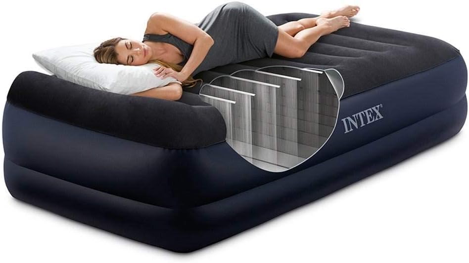 Intex Dura-Beam Series Pillow Rest Raised Airbed with Fiber-Tech Construction and Built-in Pump, Twin, Bed Height 16.51