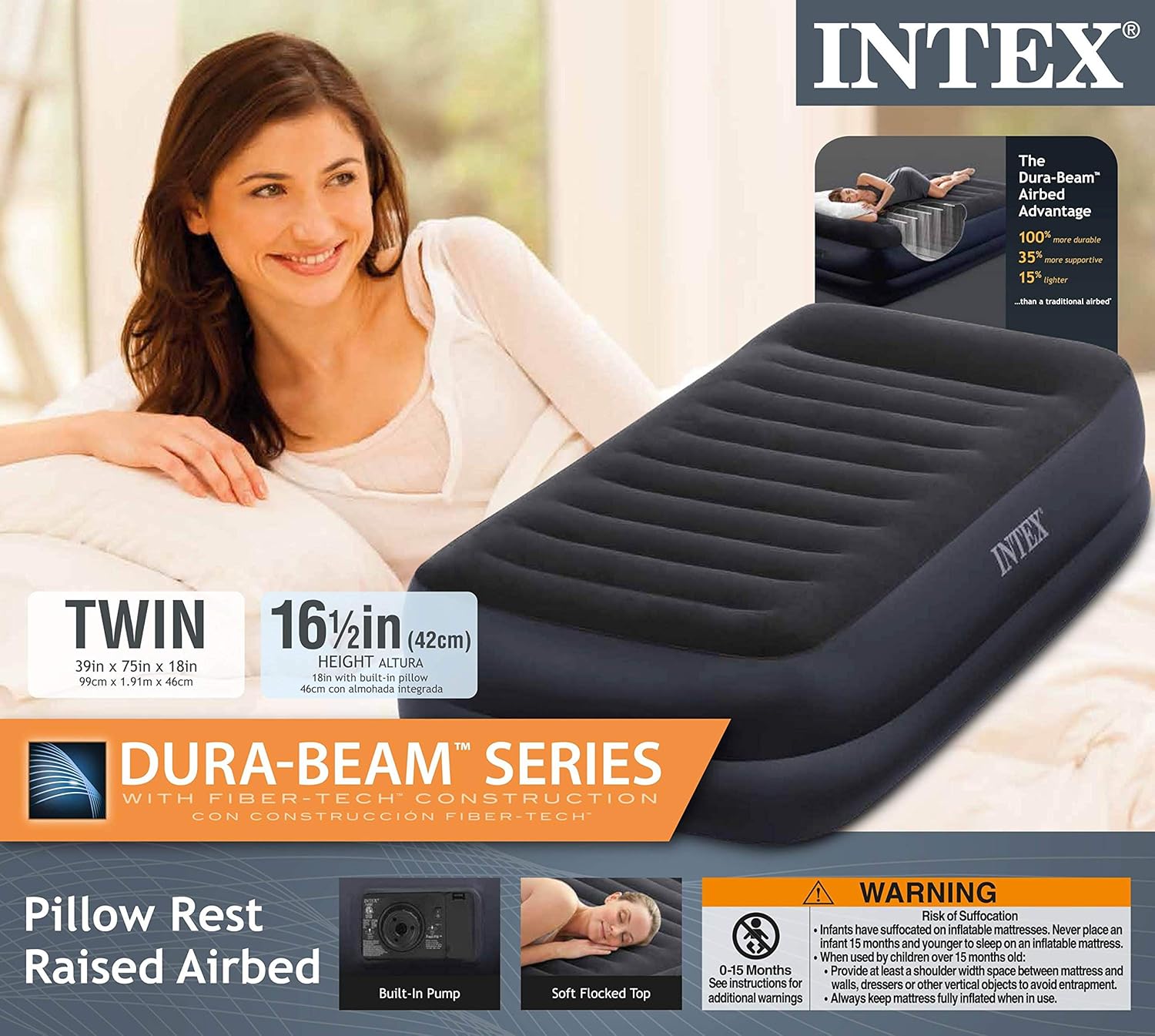 Intex Dura-Beam Series Pillow Rest Raised Airbed with Fiber-Tech Construction and Built-in Pump, Twin, Bed Height 16.54