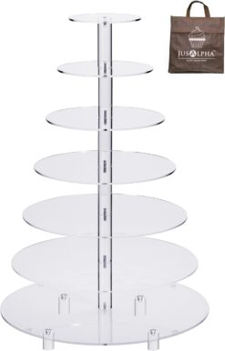 Jusalpha® Large 7 Tier Acrylic Round Wedding Cake Stand Dessert Stand Pastry Serving Platter-Food Display Stand For Large Event (Large With Rod Feet Base) (7RF)