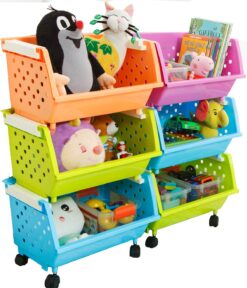 Kids' Toys Chest Large Baskets Storage Bins Organizer with Wheels Can Move Everywhere Natural/Primary (Primary Collection) (6 Baskets Choose)