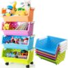 Kids' Toys Storage Organizer Bins Baskets with Wheels Can Move Everywhere Large 4 Baskets Natural/Primary (Primary Collection) (Purple&Blue&Orange&Green)