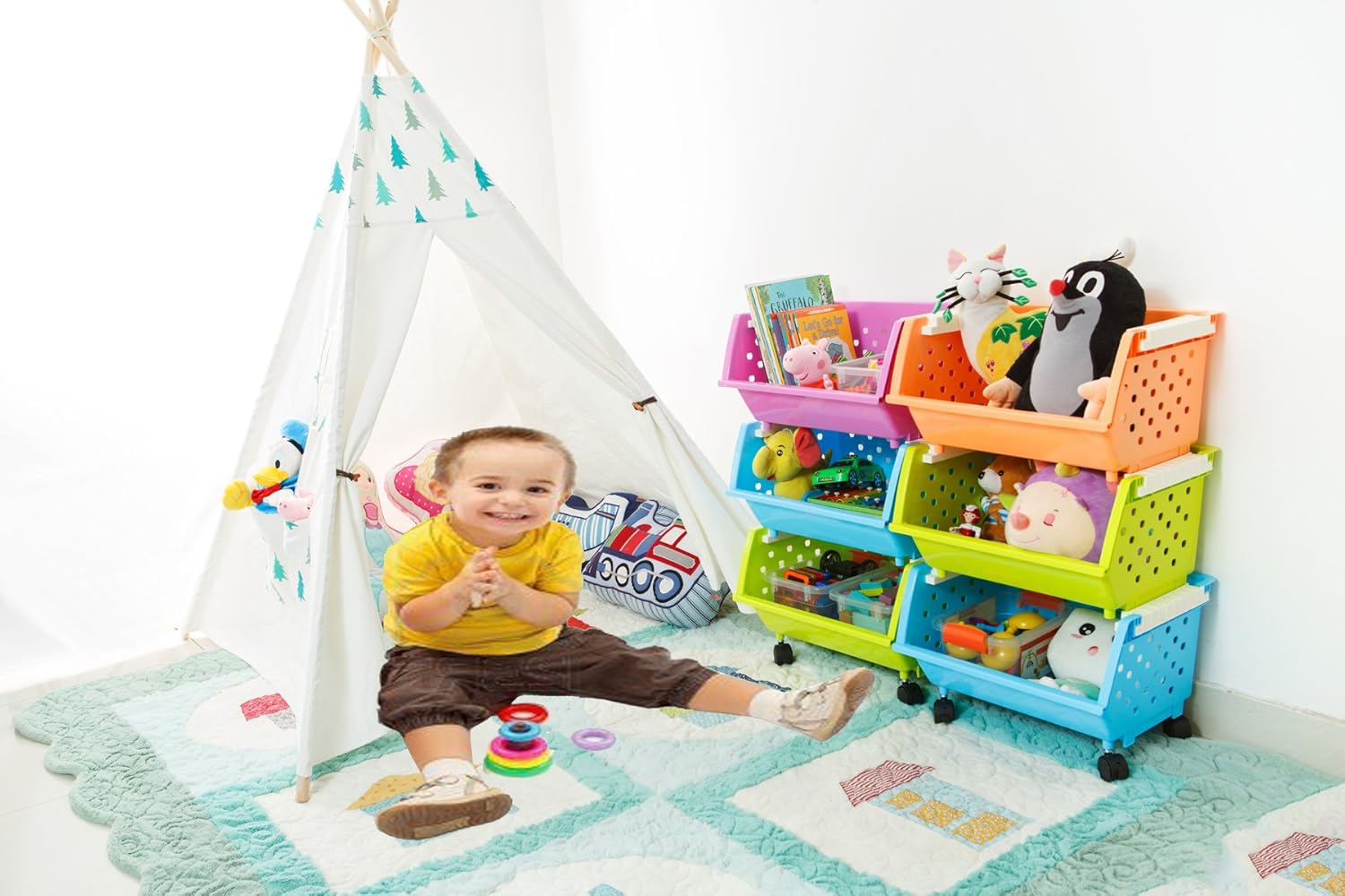 Kids' Toys Storage Organizer Bins Baskets with Wheels Can Move Everywhere Large 4 Baskets Natural Primary (Primary Collection) (Purple&Blue&Orange&Green)1
