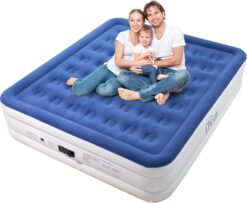 King Air Mattress with Built in Pump, 18 Inch Elevated Quick Inflation/Deflation Inflatable Bed,Durable Blow Up Mattresses for Camping, Travel, Home, Guests, Indoor, Blue Portable Airbed