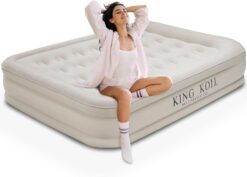 King Koil Luxury Air Mattress 16in Full Size Beige with Built-in Pump for Home, Camping & Guests-Inflatable Airbed Luxury Double High Adjustable Blow Up Mattress, Durable - Portable and Waterproof