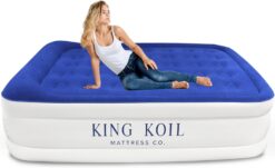 King Koil Luxury Air Mattress 16in Full Size Blue with Built-in Pump for Home, Camping & Guests-Inflatable Airbed Luxury Double High Adjustable Blow Up Mattress, Durable - Portable and Waterproof.