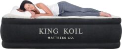 King Koil Luxury Pillow Top Plush Queen Air Mattress with High-Speed Built-in Pump, Blow Up Bed Top Side Flocking, Puncture Resistant, Double High Inflatable Airbed Guests or Travel 1-Year Warranty