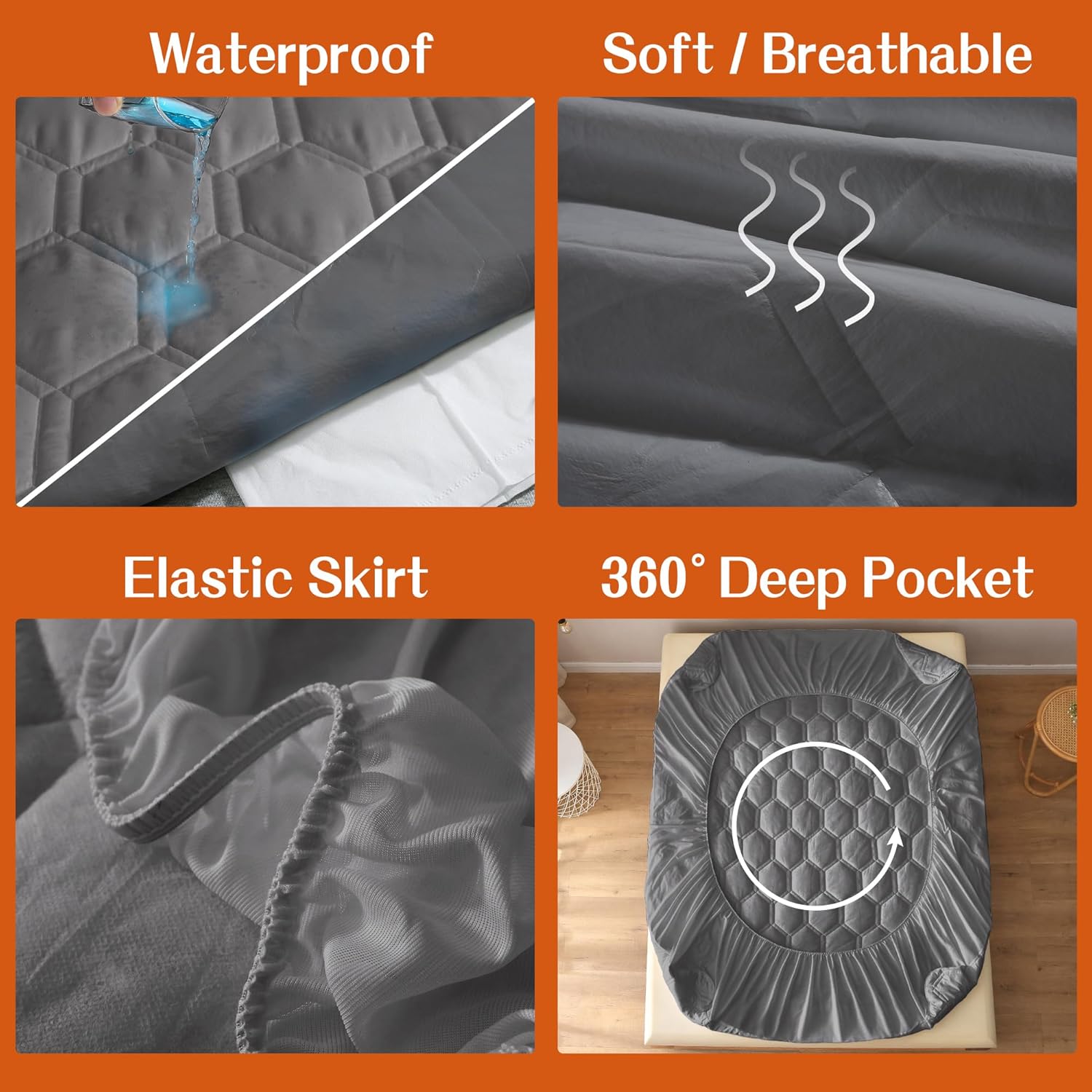 King Mattress Protector, Cooling Waterproof King Size Mattress Pad Cover, 3D Air Soft King Size Mattress Cover for 6-18 Inches Mattress, Grey, Honeycomb-Grey2