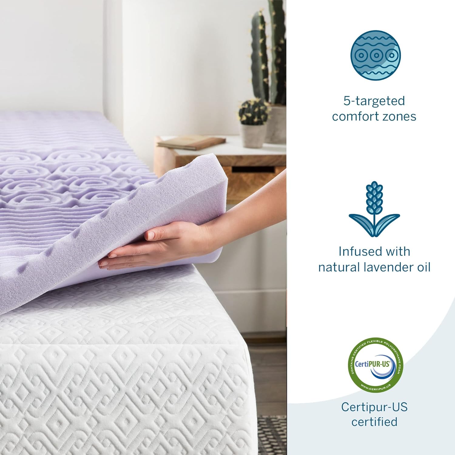 LUCID 2 Inch 5 Zone Lavender Memory Foam Queen Mattress Topper, Lavender3