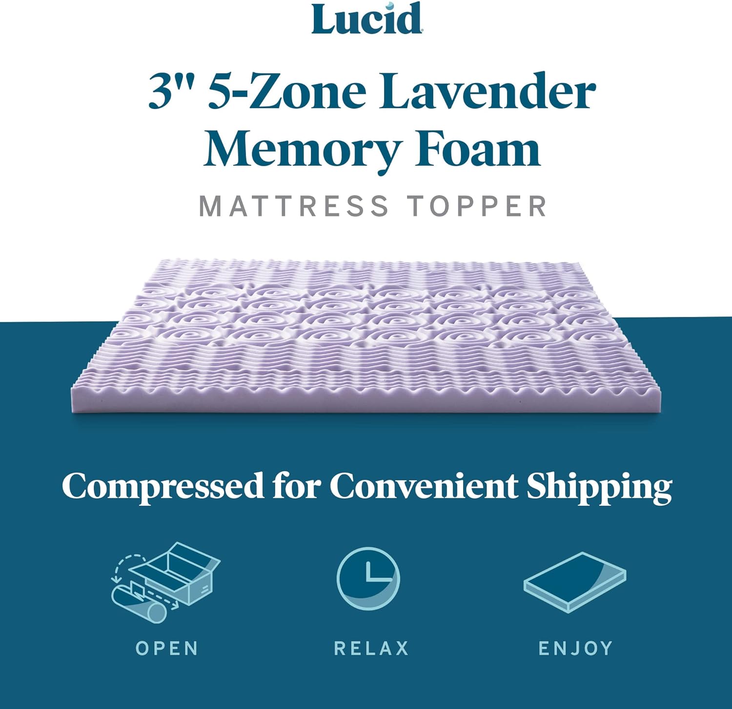 LUCID 3 Inch 5 Lavender Memory Foam Plush-Calming Targeted Convoluted Comfort Zones Mattress Topper, King56