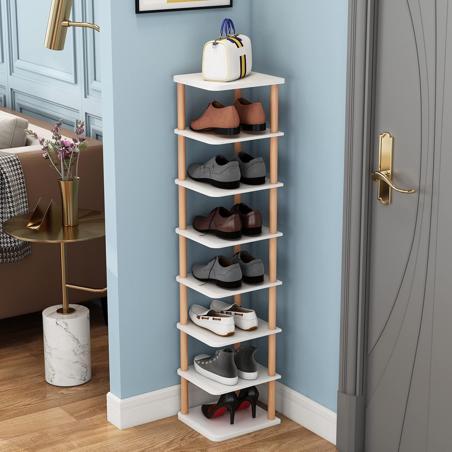 LUCKNOCK 8 Tiers Vertical Shoe Rack, Narrow Organizer, Stylish Wooden Shoe Storage Stand, Space Saving Shelf Tower, Free Standing for Entryway, No-Tool Assembly, White. LUCKNOCK 8 Tiers Vertical Shoe Rack, Narrow Organizer, Stylish Wooden Shoe Storage Stand, Space Saving Shelf Tower, Free Standing for Entryway, No-Tool Assembly, White.