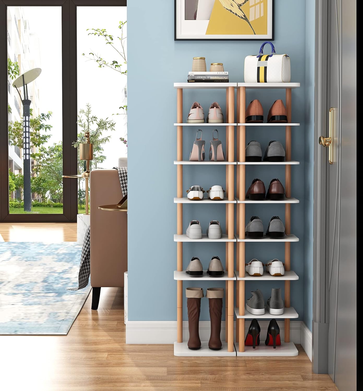 LUCKNOCK 8 Tiers Vertical Shoe Rack, Narrow Organizer, Stylish Wooden Shoe Storage Stand, Space Saving Shelf Tower, Free Standing for Entryway, No-Tool Assembly, White.4