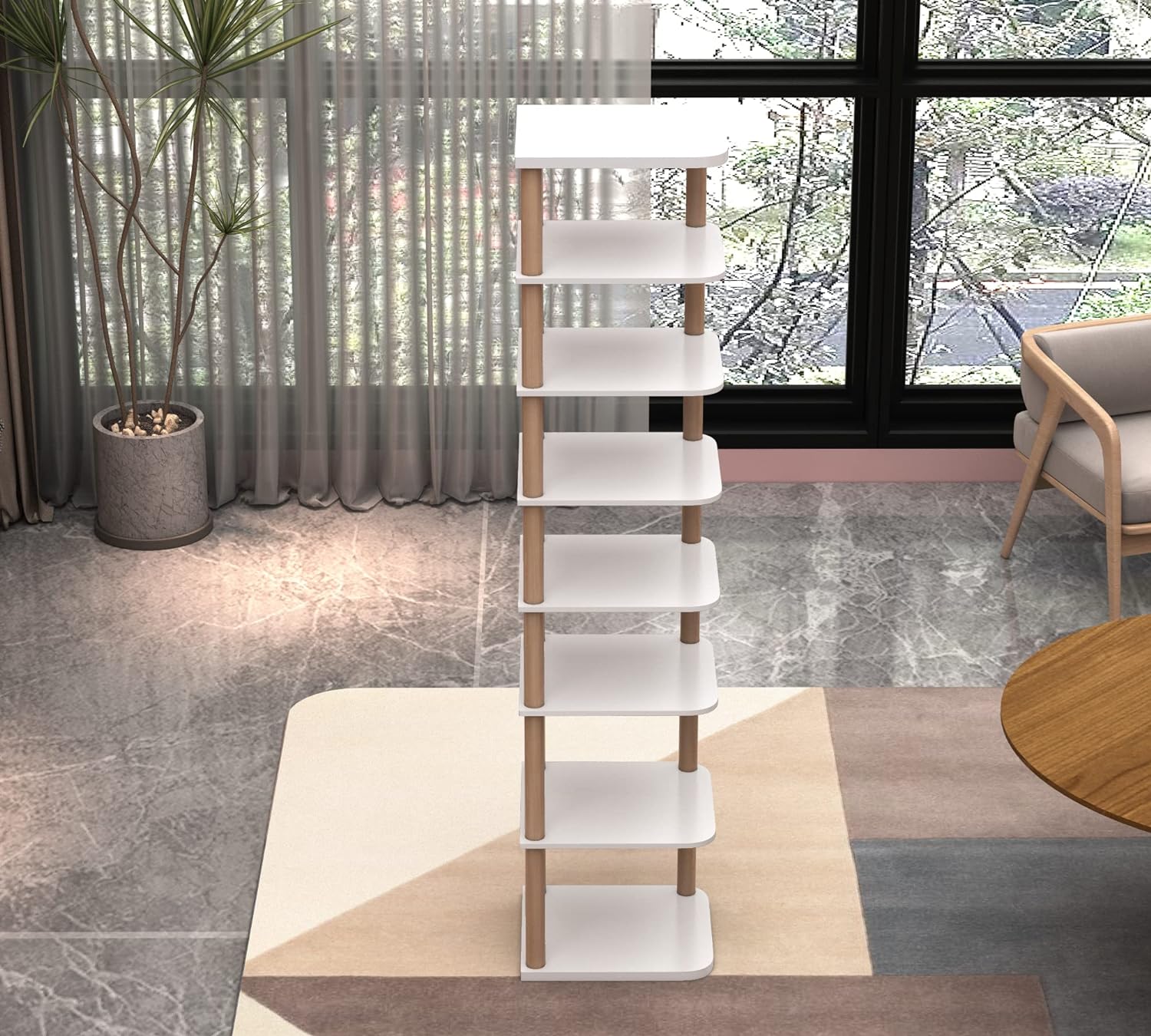 LUCKNOCK 8 Tiers Vertical Shoe Rack, Narrow Organizer, Stylish Wooden Shoe Storage Stand, Space Saving Shelf Tower, Free Standing for Entryway, No-Tool Assembly, White.5