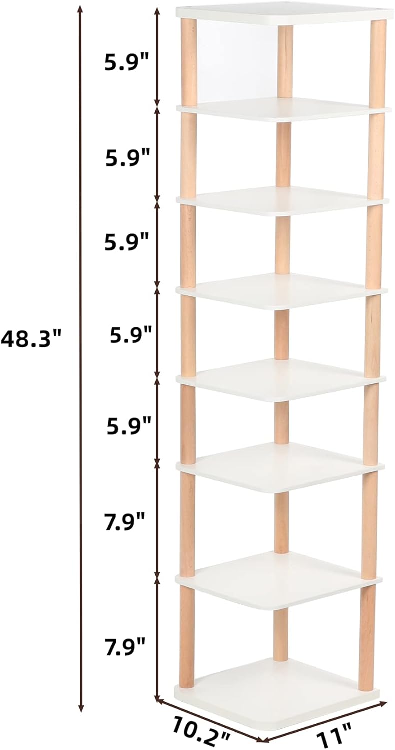 LUCKNOCK 8 Tiers Vertical Shoe Rack, Narrow Organizer, Stylish Wooden Shoe Storage Stand, Space Saving Shelf Tower, Free Standing for Entryway, No-Tool Assembly, White.`
