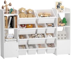 Large Toy Storage Organizer with 12 Toy Storage Bins, Toy Organizers and Storage with 6 Storage Cubbies, Kids Bookshelf, for Toddler Playroom Organization and Storage Bins (White)