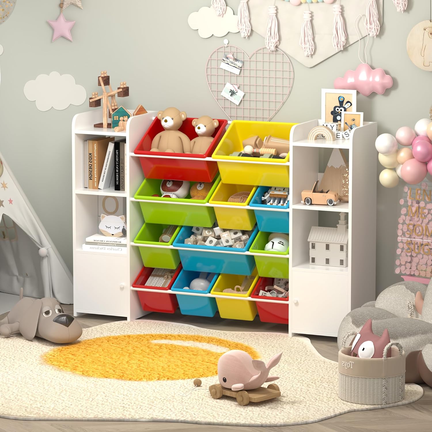 Large Toy Storage Organizer with 12 Toy Storage Bins, Toy Organizers and Storage with 6 Storage Cubbies, Kids Bookshelf, for Toddler Playroom Organization and Storage Bins (White)1