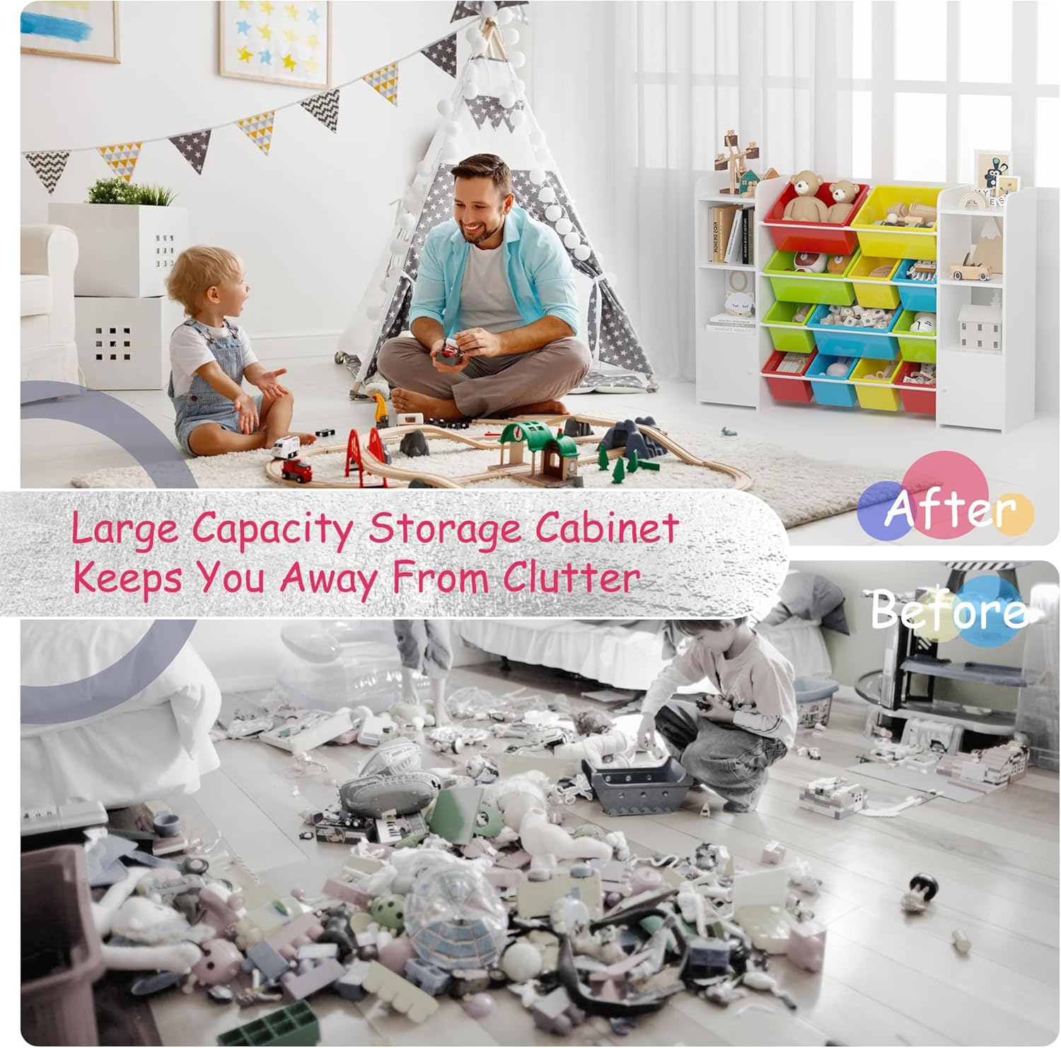 Large Toy Storage Organizer with 12 Toy Storage Bins, Toy Organizers and Storage with 6 Storage Cubbies, Kids Bookshelf, for Toddler Playroom Organization and Storage Bins (White)8