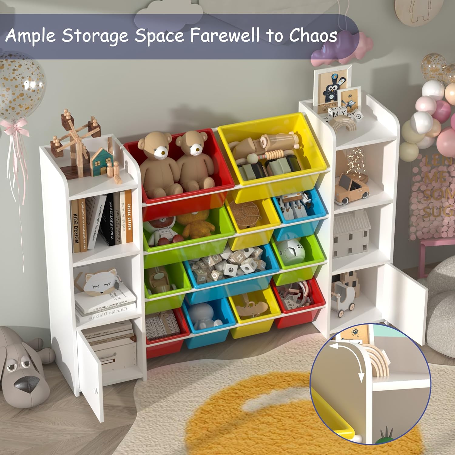 Large Toy Storage Organizer with 12 Toy Storage Bins, Toy Organizers and Storage with 6 Storage Cubbies, Kids Bookshelf, for Toddler Playroom Organization and Storage Bins (White)9