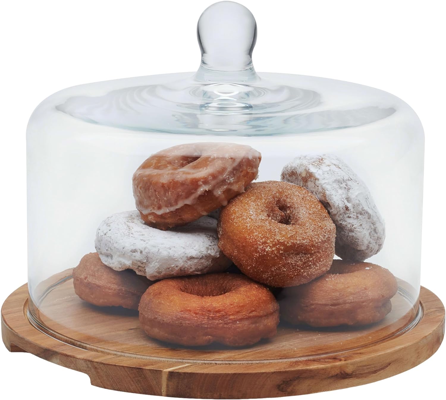 Libbey Acacia Wood Cake Stand with Dome Lid, Ball Top Handle Cake Holder with Lid, Covered Cake Stand, Durable Glass Dome Cover Libbey Acacia Wood Cake Stand with Dome Lid, Ball Top Handle Cake Holder with Lid, Covered Cake Stand, Durable Glass Dome Cover