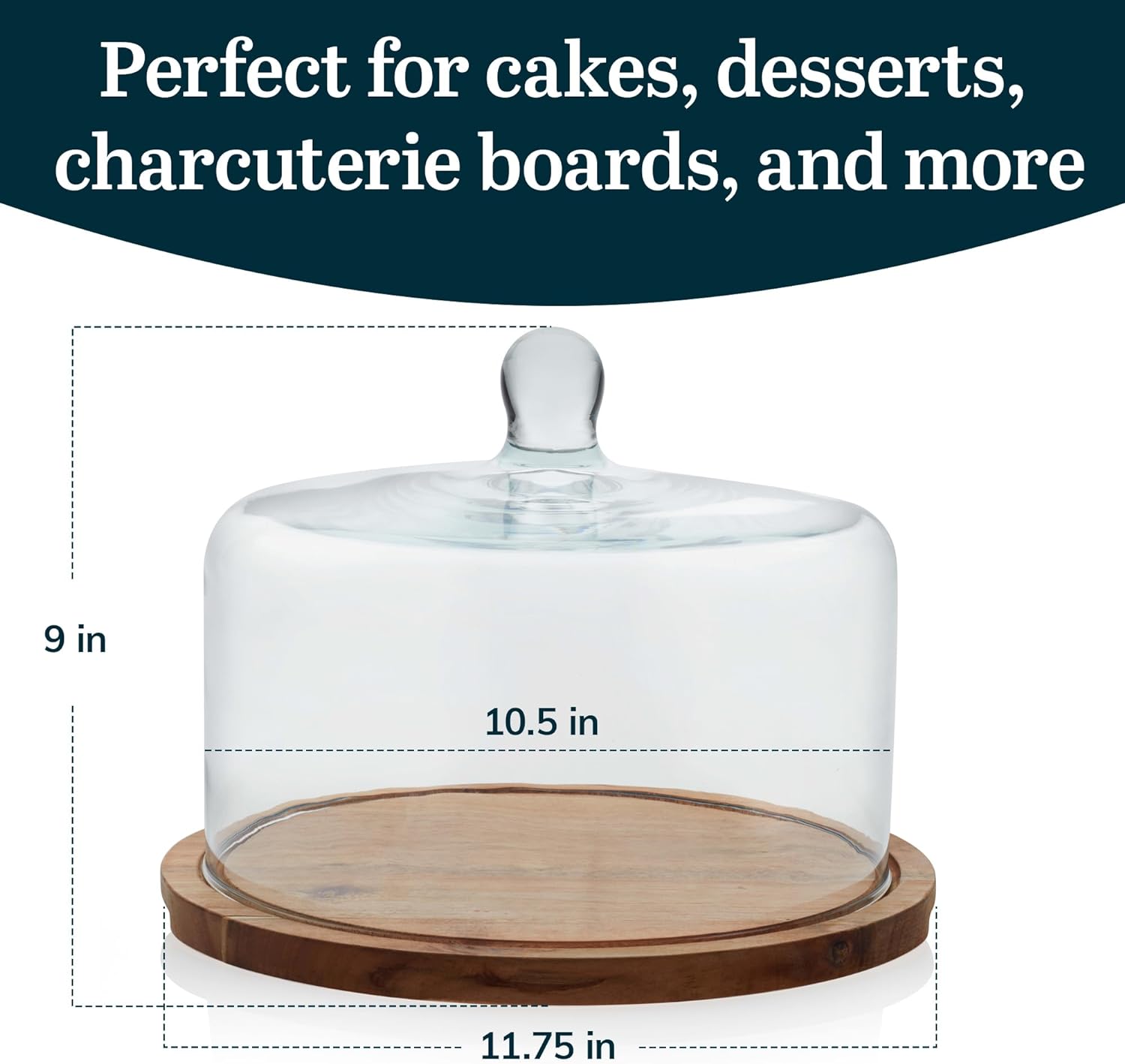 Libbey Acacia Wood Cake Stand with Dome Lid, Ball Top Handle Cake Holder with Lid, Covered Cake Stand, Durable Glass Dome Cover2