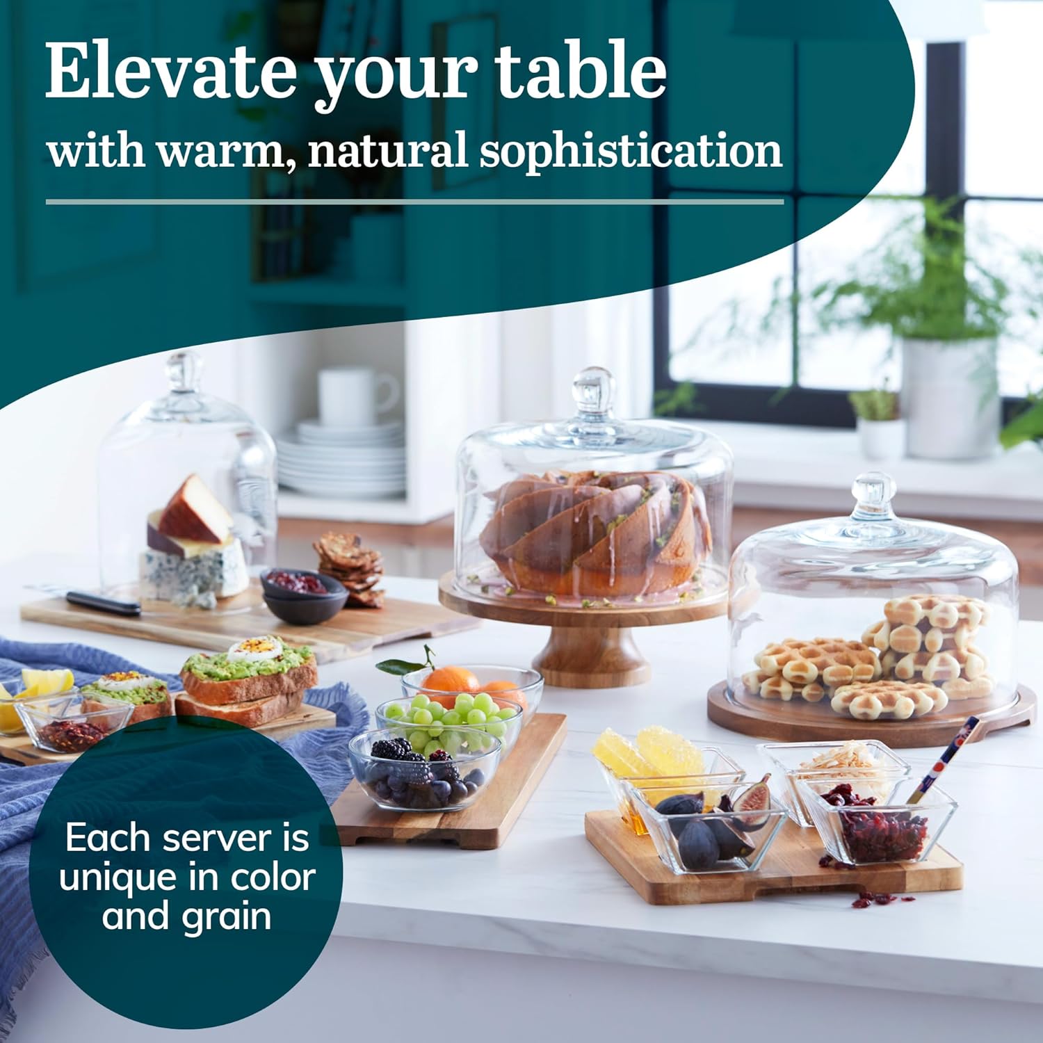 Libbey Acacia Wood Cake Stand with Dome Lid, Ball Top Handle Cake Holder with Lid, Covered Cake Stand, Durable Glass Dome Cover3