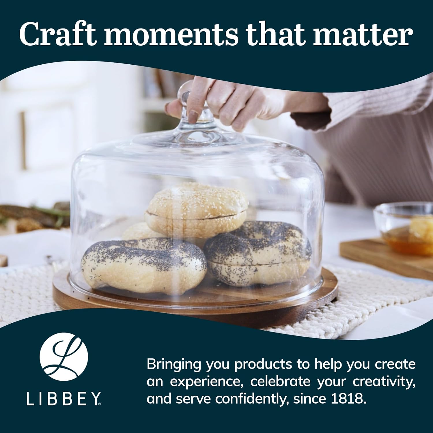 Libbey Acacia Wood Cake Stand with Dome Lid, Ball Top Handle Cake Holder with Lid, Covered Cake Stand, Durable Glass Dome Cover6