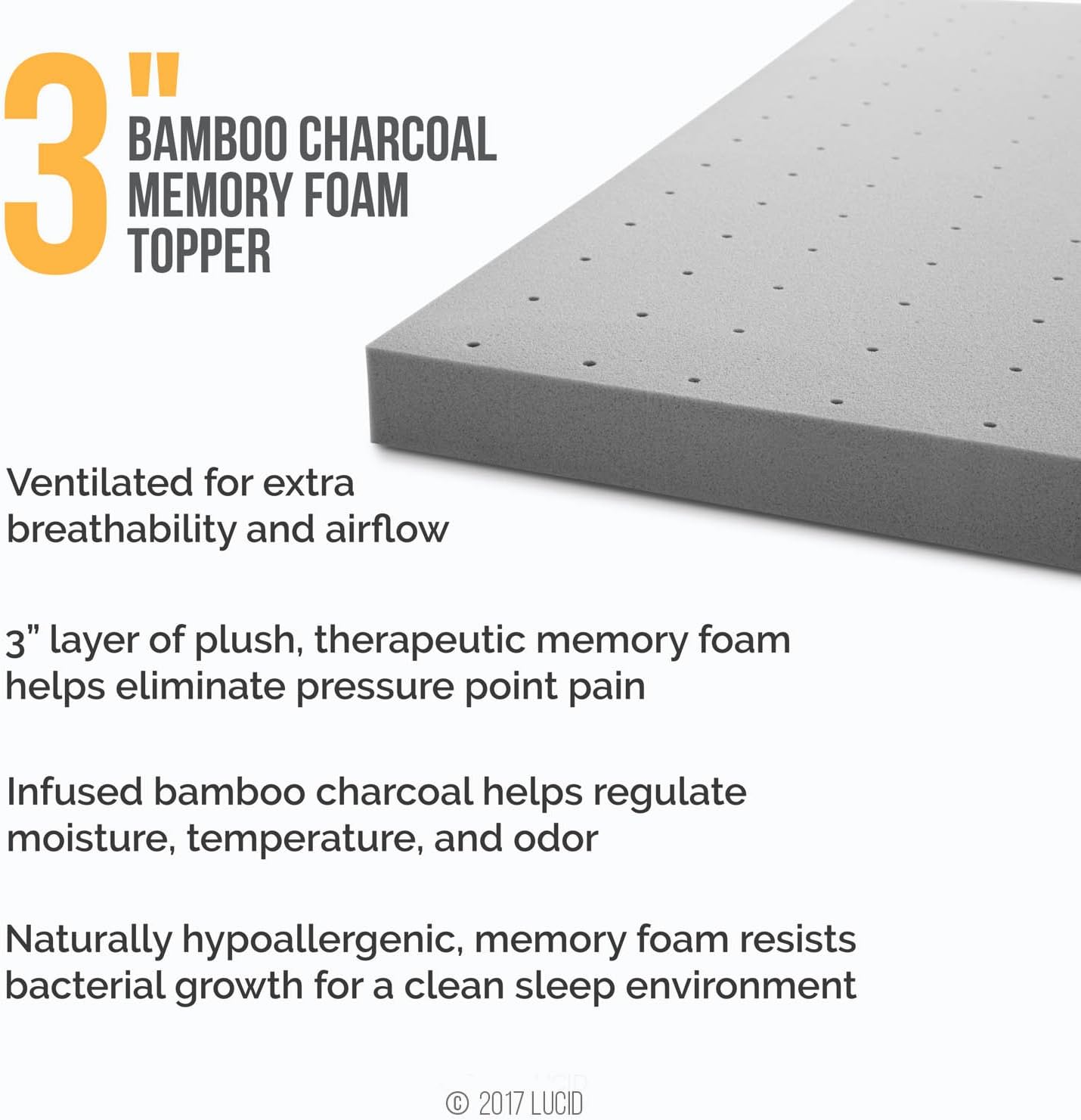 Lucid 3 Inch Mattress Topper California King – Memory Foam – Bamboo Charcoal Infusion – Cooling Ventilation – Hypoallergenic – CertiPur Certified Foam1