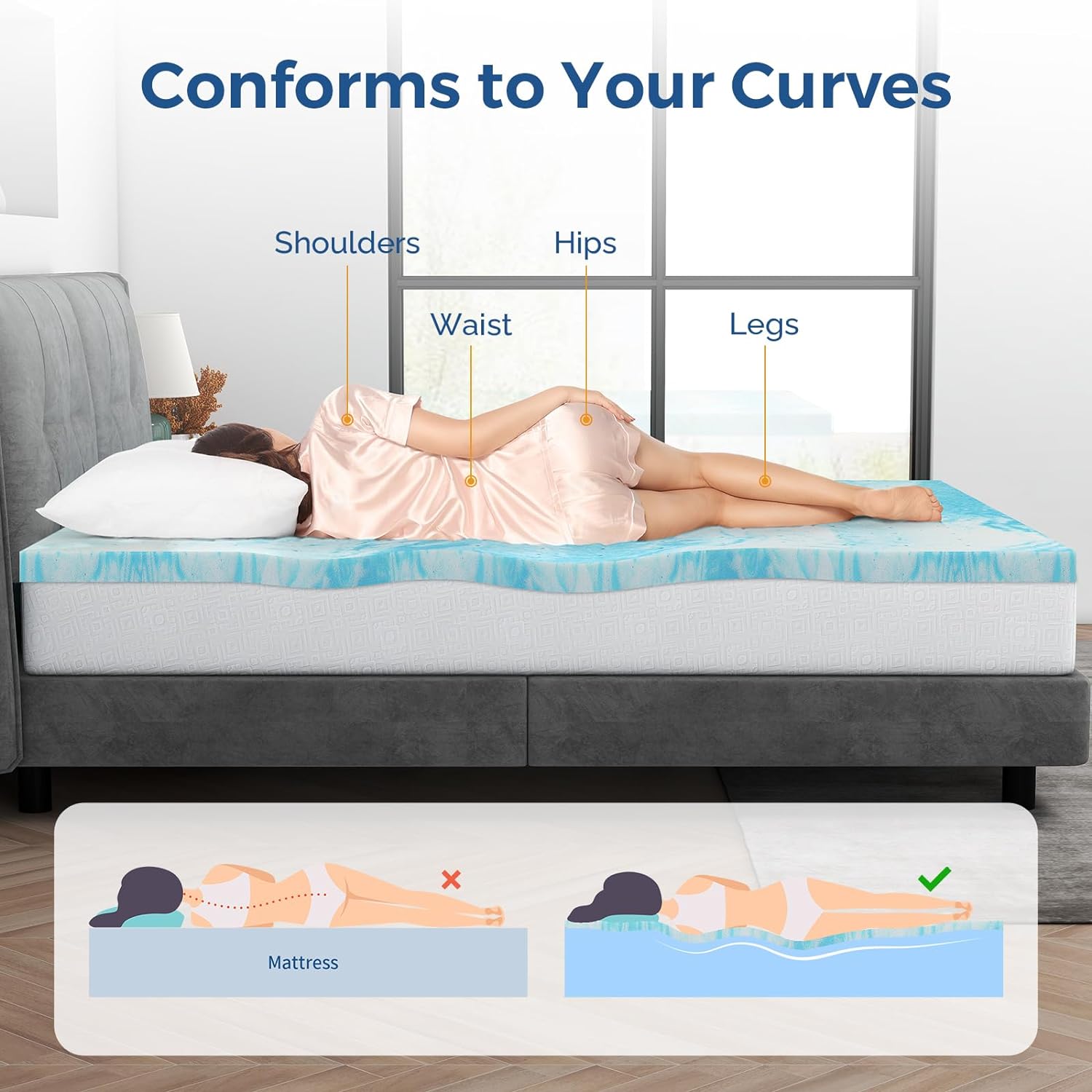 Mattress Topper King, 3 Inch Gel Memory Foam Bed Topper for King Size Bed, CertiPUR-US Certified, Blue45