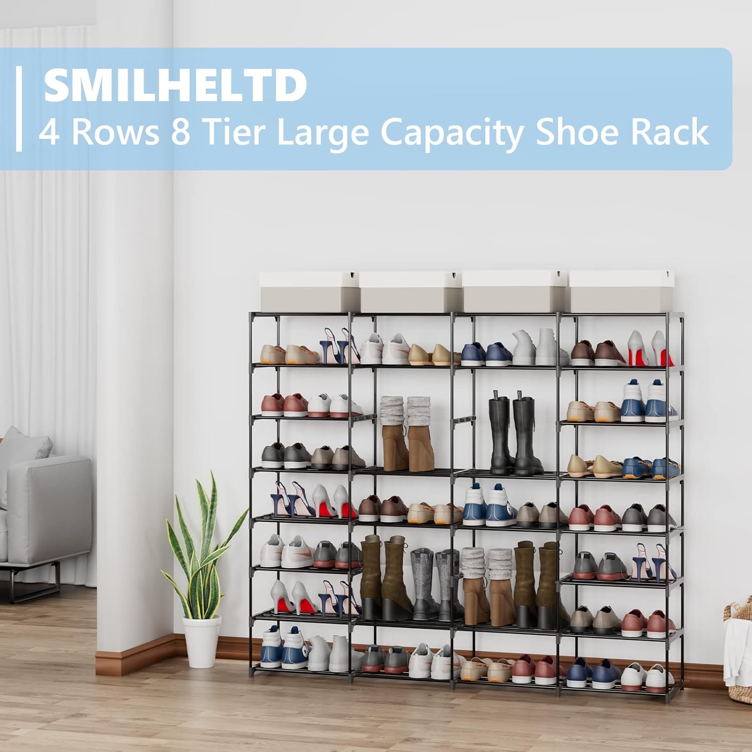 Metal Shoe Rack Large Capacity 4 Rows 8 Tier 56-64 Pairs Shoes Boots Storage Organizer5